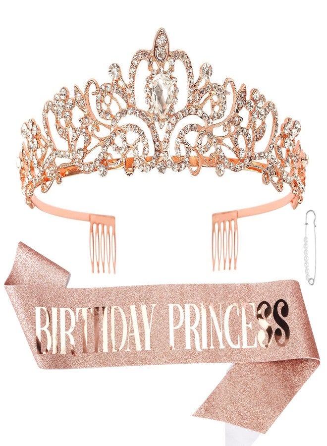 CIEHER Princess Crown and Birthday Sash Set - Tiara for Women, Girls Birthday Decorations and Gifts - Rose Gold - Image 1