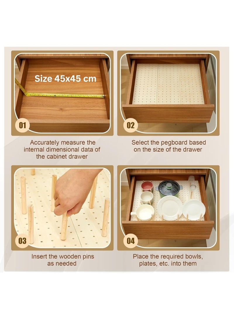 3 Pcs PU Pegboard Drawer Organiser with 25 Pegs Wooden Peg Board Drawer Shelf Organiser Adjustable Peg System for Dishes Plate Pot Container Cookware Utensil Kitchen(45 x 45 cm - Image 4