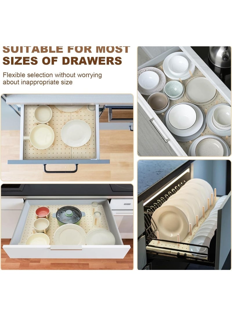 3 Pcs PU Pegboard Drawer Organiser with 25 Pegs Wooden Peg Board Drawer Shelf Organiser Adjustable Peg System for Dishes Plate Pot Container Cookware Utensil Kitchen(45 x 45 cm - Image 3
