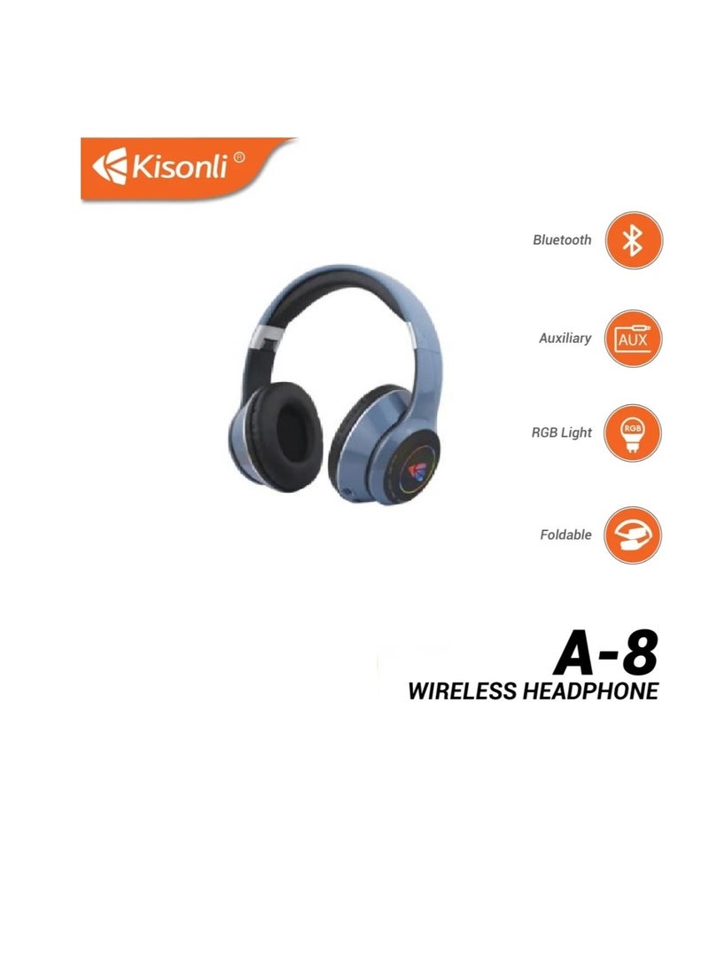 KISONLI A-8 Wireless Bluetooth Headset With Colorful RGB Light And Stereo Bass For Gaming Gamer Headset - Blue - Image 2