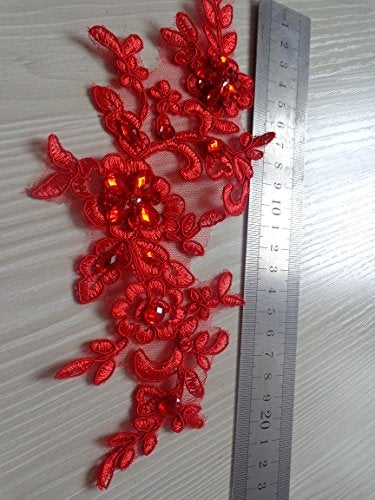 Zbroh Handmade Sew on Crystal Trim Patches Red Lace Applique with Bead Sequins Rhinestones 21x8cm for Top Dress Skirt - Image 4