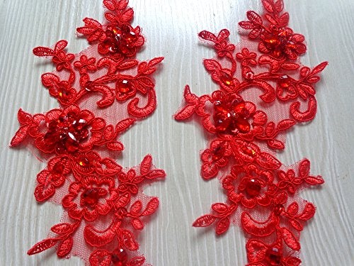 Zbroh Handmade Sew on Crystal Trim Patches Red Lace Applique with Bead Sequins Rhinestones 21x8cm for Top Dress Skirt - Image 2