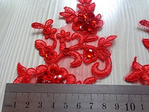 Zbroh Handmade Sew on Crystal Trim Patches Red Lace Applique with Bead Sequins Rhinestones 21x8cm for Top Dress Skirt - Image 3