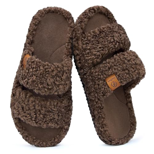 EverFoams Womens Fuzzy Open-toe Slippers Soft Comfy Memory Foam Indoor House Shoes Elegant Mocha, 5-6 US - Image 1