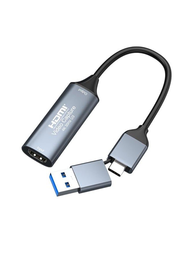 بطاقة التقاط فيديو 4K HDMI إلى USB 3.0 Type C، محول التقاط Cam Link بدقة 1080 بكسل بمعدل 60 إطارًا في الثانية، جهاز تسجيل الشاشة للبث المباشر والألعاب ومؤتمرات الفيديو والتدريس والبث المباشر  - Image 1