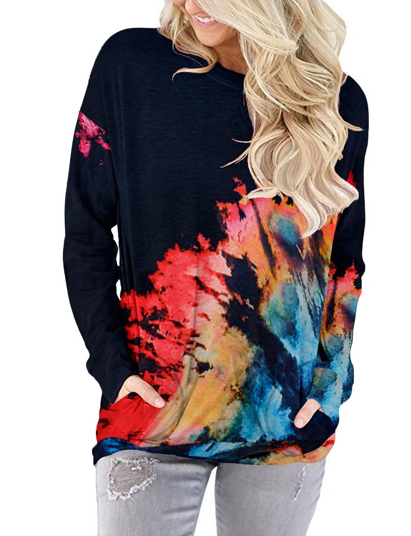 onlypuff Tie Dye Sweatshirt for Women Long Sleeve Pokcet Shirt Cute Loose FittingTunic Tops S - Image 2