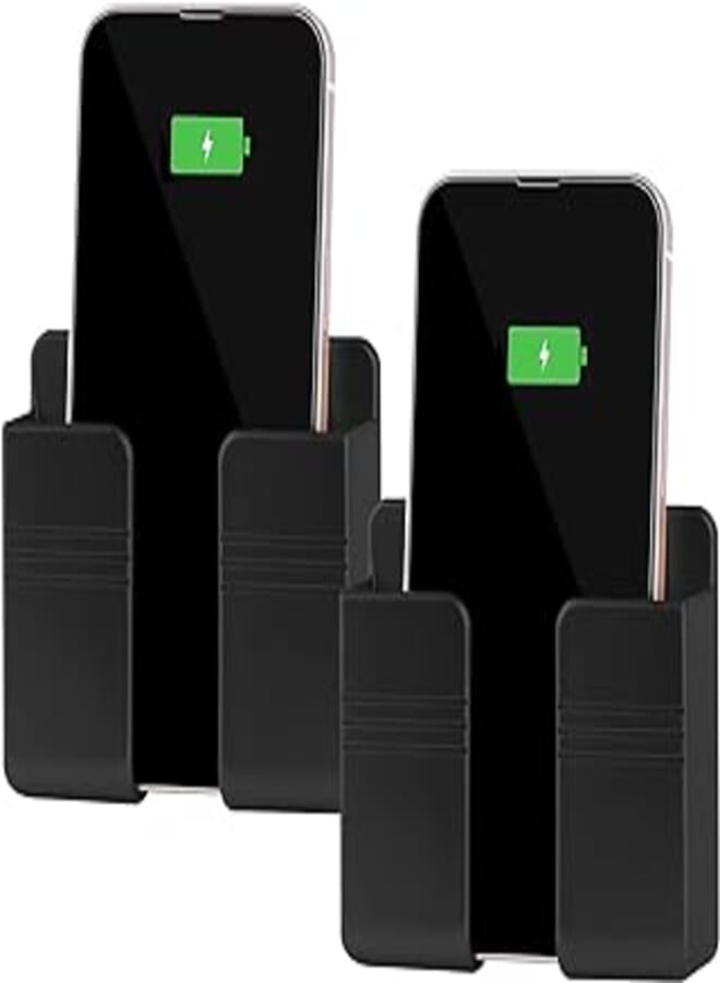 XICEN 2Pcs Phone Holder Wall Mounted, Phone Stand with Data Cable Receiving Hole/Self Adhesive, Phone Holder for Shower/Charging, Compatible with iPhone and Android (black)
