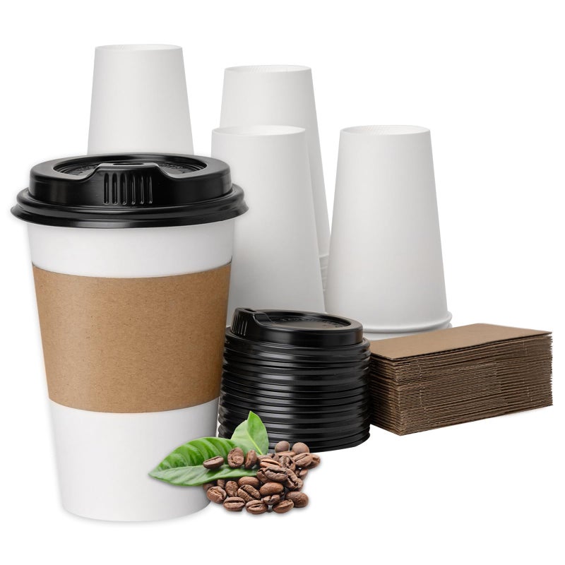 RACETOP 12 oz 100 Pack Disposable Paper Coffee Cups with Lids and Sleeves Hot Cups Paper Cups with Lids Ideal for HomeOffice