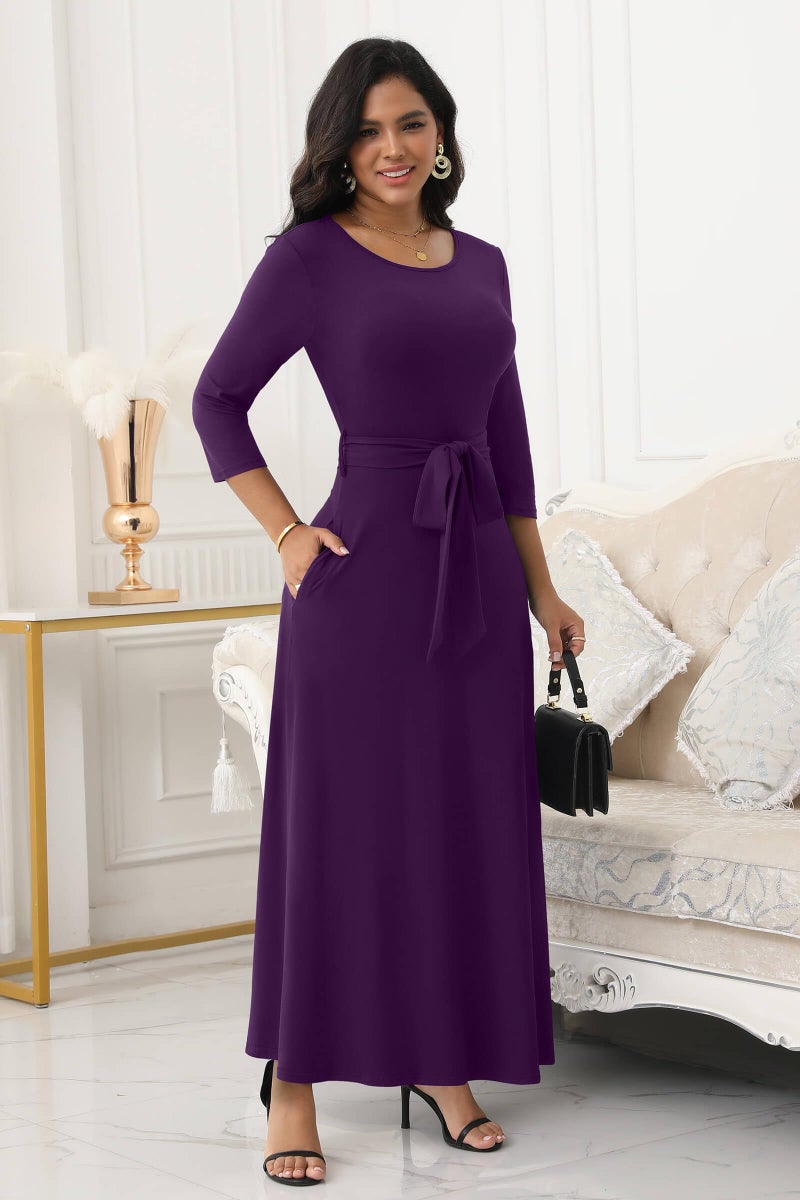 FANDEE Maxi Dress for Women 2026, Long Casual Empire Waist Dresses 3/4 Sleeve Round Neck with Belt XL Purple - Image 4