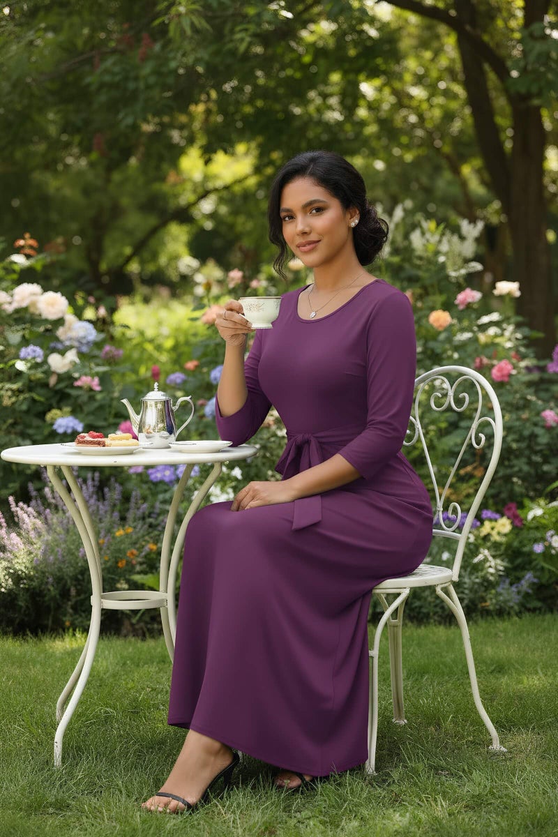FANDEE Maxi Dress for Women 2026, Long Casual Empire Waist Dresses 3/4 Sleeve Round Neck with Belt XL Purple - Image 2