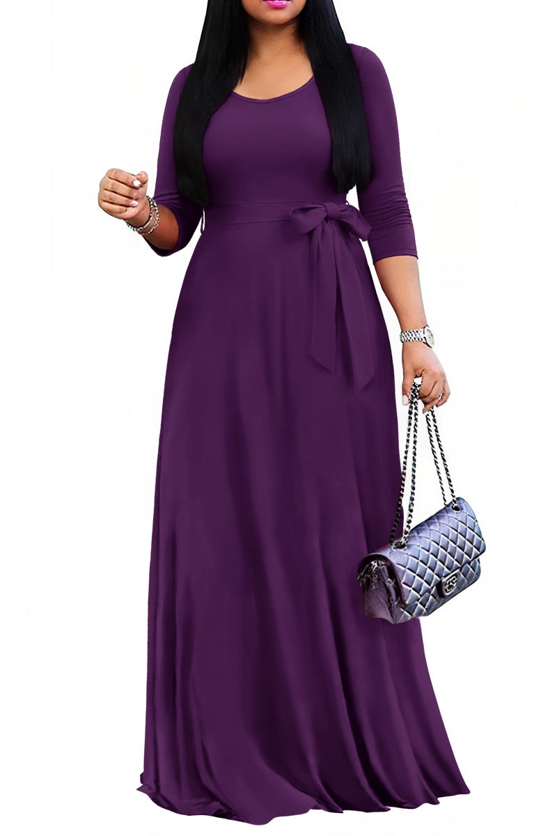 FANDEE Maxi Dress for Women 2026, Long Casual Empire Waist Dresses 3/4 Sleeve Round Neck with Belt XL Purple - Image 1