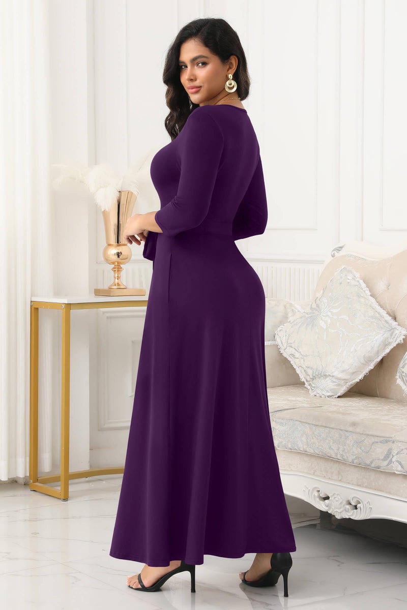 FANDEE Maxi Dress for Women 2026, Long Casual Empire Waist Dresses 3/4 Sleeve Round Neck with Belt XL Purple - Image 5
