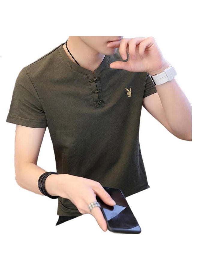 PLAYBOY Men'S Summer Trendy V-Neck Short-Sleeved Cotton And Linen T-Shirt Chinese Style Men'S Clothing Green L - Image 3
