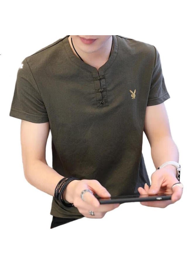 PLAYBOY Men'S Summer Trendy V-Neck Short-Sleeved Cotton And Linen T-Shirt Chinese Style Men'S Clothing Green L - Image 1