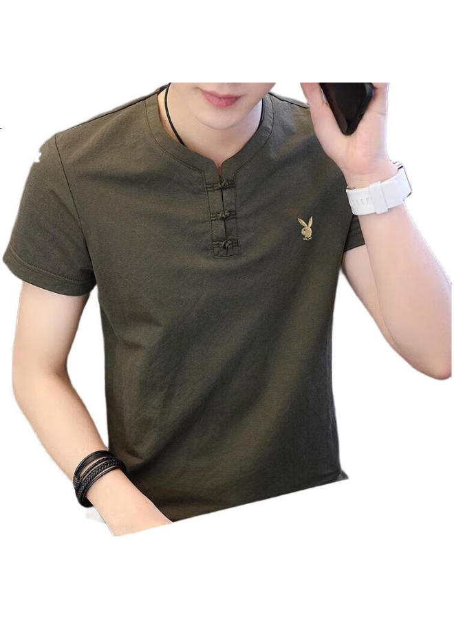 PLAYBOY Men'S Summer Trendy V-Neck Short-Sleeved Cotton And Linen T-Shirt Chinese Style Men'S Clothing Green L - Image 2