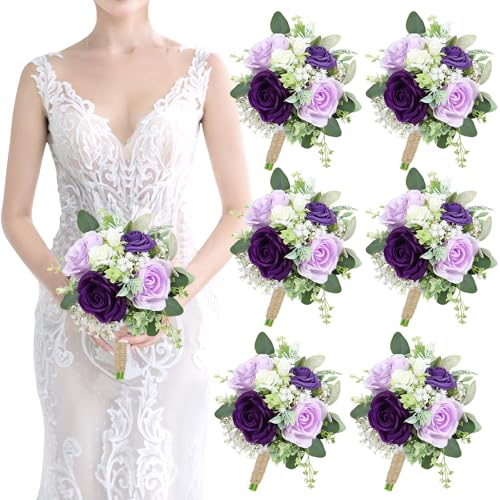 SEMONONIA Purple Bridesmaids Bouquets Set of 6 - 7 Inch Artificial Flowers Bridesmaid Bouquet for Wedding Pre-Made Rustic Rose Small Floral Bouquets for Bridal Shower Marriage Proposal Party Anniversary Decor - Image 1