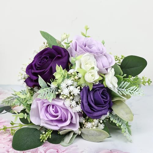 SEMONONIA Purple Bridesmaids Bouquets Set of 6 - 7 Inch Artificial Flowers Bridesmaid Bouquet for Wedding Pre-Made Rustic Rose Small Floral Bouquets for Bridal Shower Marriage Proposal Party Anniversary Decor - Image 3
