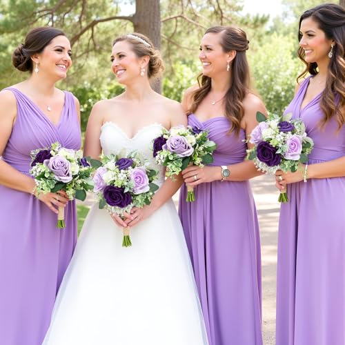 SEMONONIA Purple Bridesmaids Bouquets Set of 6 - 7 Inch Artificial Flowers Bridesmaid Bouquet for Wedding Pre-Made Rustic Rose Small Floral Bouquets for Bridal Shower Marriage Proposal Party Anniversary Decor - Image 2