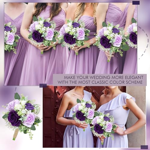 SEMONONIA Purple Bridesmaids Bouquets Set of 6 - 7 Inch Artificial Flowers Bridesmaid Bouquet for Wedding Pre-Made Rustic Rose Small Floral Bouquets for Bridal Shower Marriage Proposal Party Anniversary Decor - Image 5