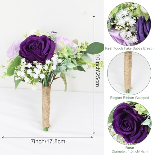SEMONONIA Purple Bridesmaids Bouquets Set of 6 - 7 Inch Artificial Flowers Bridesmaid Bouquet for Wedding Pre-Made Rustic Rose Small Floral Bouquets for Bridal Shower Marriage Proposal Party Anniversary Decor - Image 4