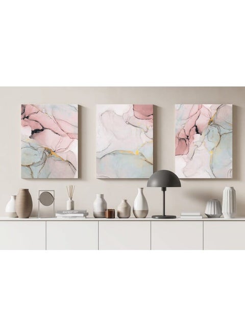 Set Of 3 Pink Marble Canvas Wall Art Gold