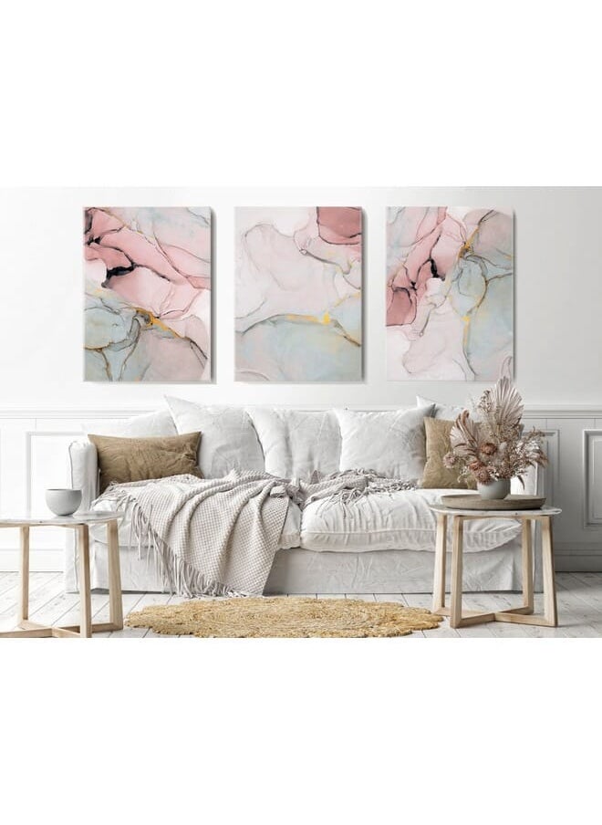 Home Gallery - Set Of 3 Pink Marble Canvas Wall Art Gold - Image 1