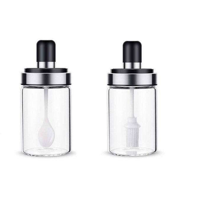 BOROSILICATE GLASS FOOD STORAGE SPICE SALT SUGAR CONDIMENT JAR WITH SPOON AND OLIVE OIL BOTTLE WITH BRUSH AIRTIGHT CAP FOR KITCHEN RESTAURANTS 250ML TRANSPARENT 1 BRUSH SPOON JAR