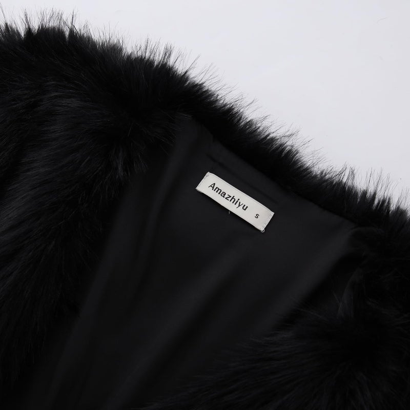 Amazhiyu Womens Faux Fur Cropped Coat Open Front Long Sleeve Winter Jacket Black, Small - Image 2