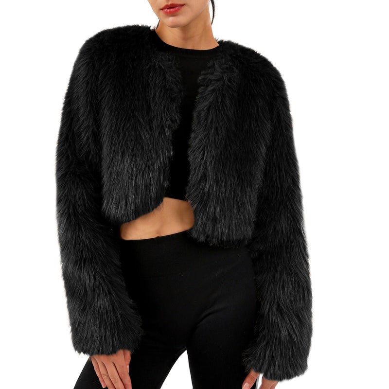 Amazhiyu Womens Faux Fur Cropped Coat Open Front Long Sleeve Winter Jacket Black, Small - Image 5