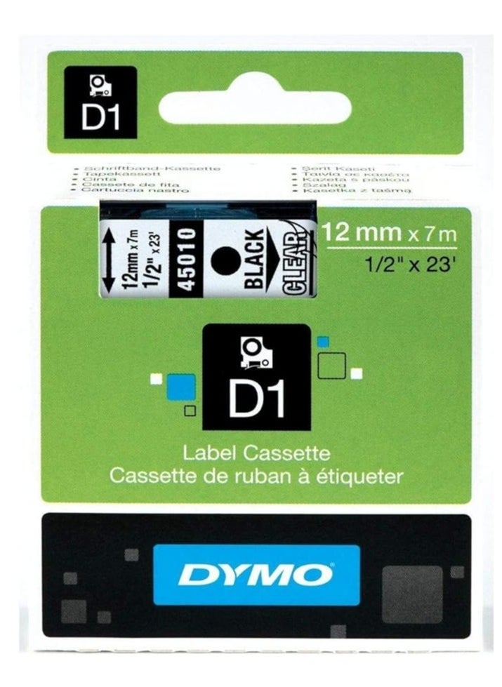 Dymo - Dymo D1 Black on Clear Labeling Tape Catridge 12mm x 7m - Black Print on Clear Tape 45010 - Image 1