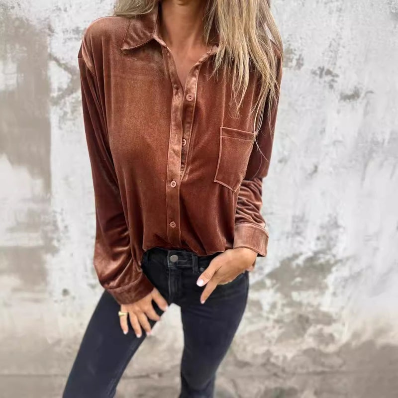 New Gold Velvet Shirt Independent Station Sleeve Single-Breasted Easiest For Match Top Loose Bottoming Shirt Women - Image 2