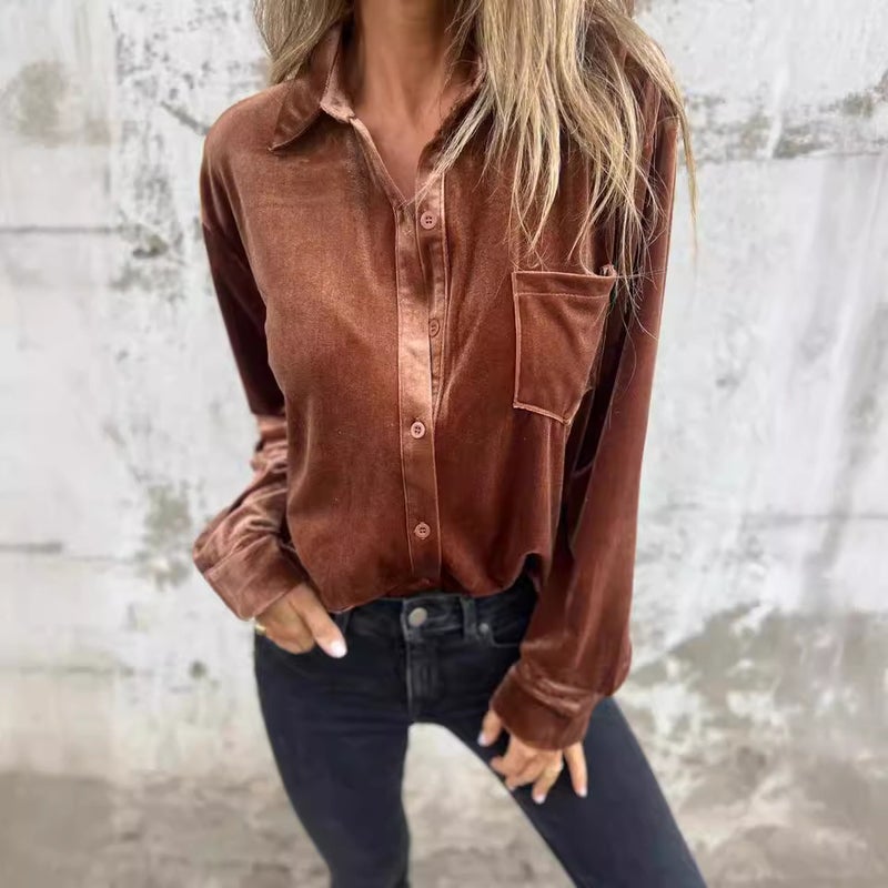 New Gold Velvet Shirt Independent Station Sleeve Single-Breasted Easiest For Match Top Loose Bottoming Shirt Women - Image 5