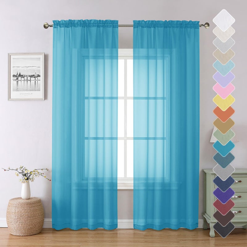 Lecloud Sheer Curtains 84 Inches Length 2 Panels, Light Filtering Voile Curtain Drapes for Kitchen Bedroom Windows, Dual Rod Pocket Living Room Sheer Curtains, 40 W x 84 L Inches, Turquoise - Image 1