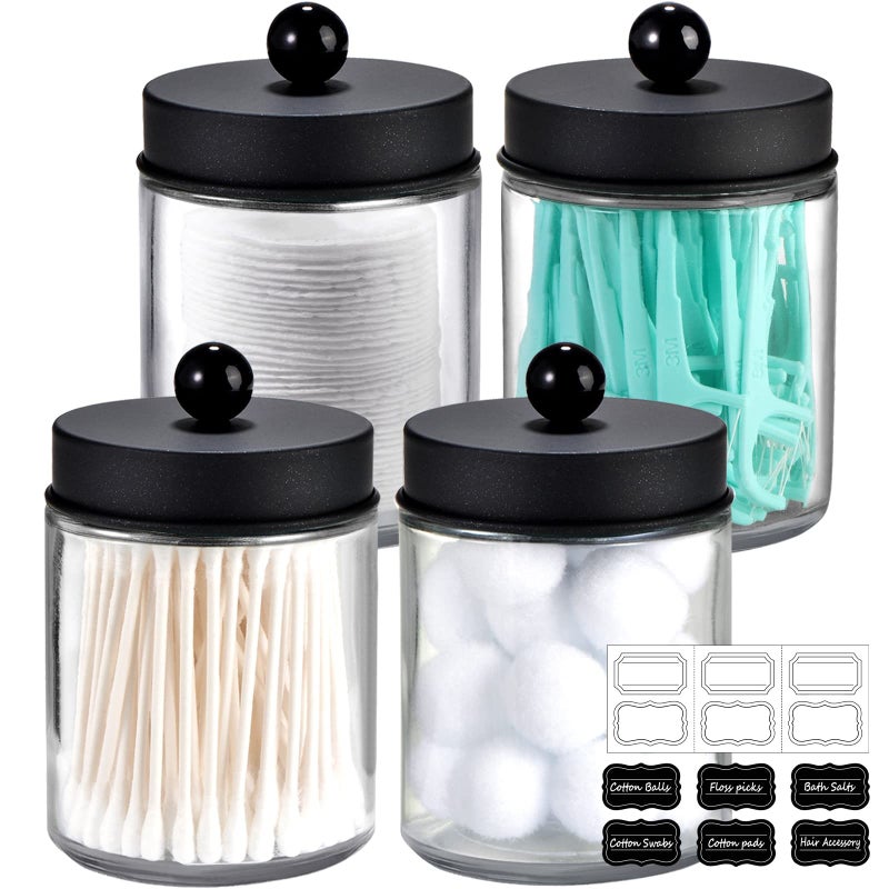 Amolliar 4 Pack Apothecary Jars Bathroom Vanity Storage Organizer Set Countertop Canister with Stainless Steel Lids Cute Stickers Qtip Dispenser Holder for QtipsCotton SwabsMakeup SpongesBlack