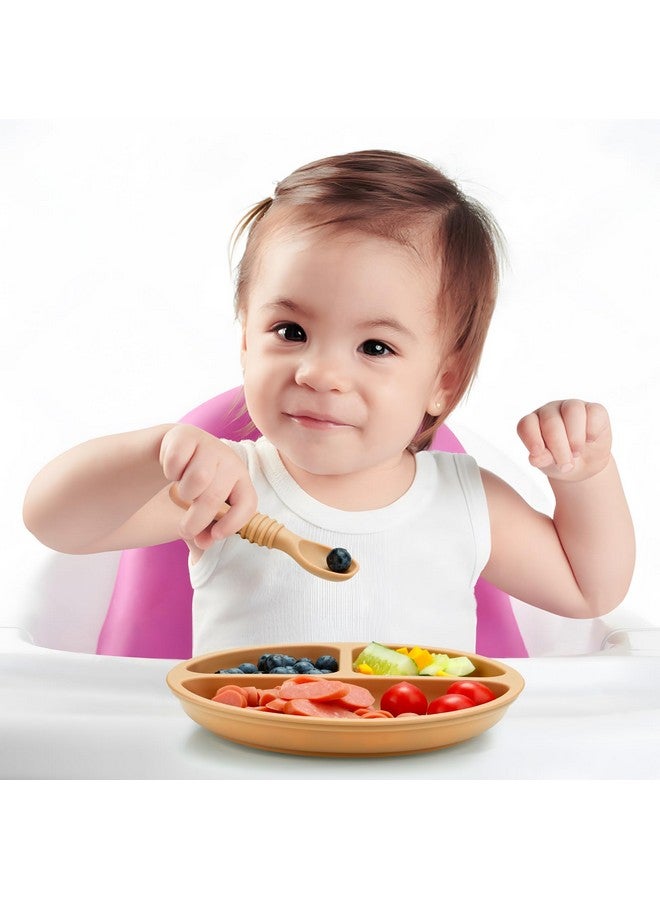 PandaEar 3 Pack Toddler Plates with 3 Spoons, 100% Silicone Divided Suction Plate for Babies, BPA-Free, Dishwasher and Microwave Safe -Pink/Brown/Brick red - Image 2