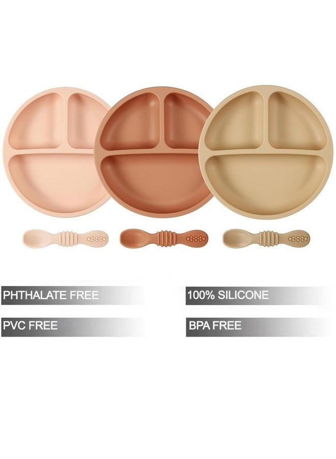 PandaEar 3 Pack Toddler Plates with 3 Spoons, 100% Silicone Divided Suction Plate for Babies, BPA-Free, Dishwasher and Microwave Safe -Pink/Brown/Brick red - Image 1