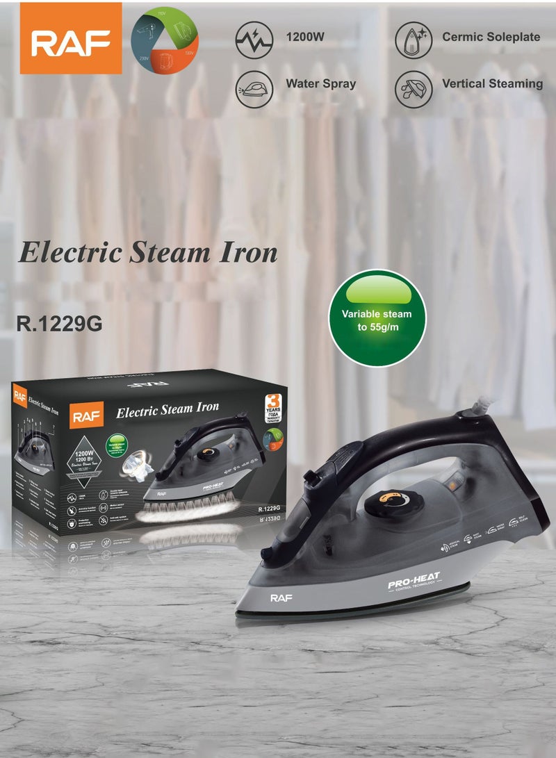 RAF Steam Iron with Ceramic Soleplate, 80ml Water Tank, Powerful Steam Burst, Adjustable Thermostat, Shockproof Body, 16 Steam Vents for Even Heat Distribution, 80 ml 1200 W