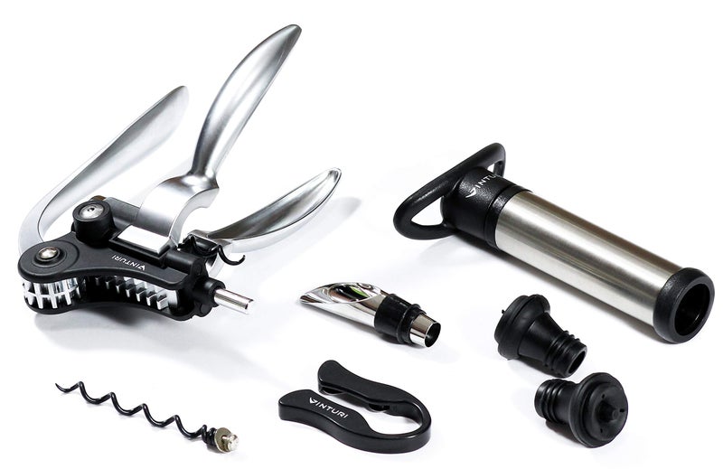 Vinturi Vinturi Easily Removes Natural and Synthetic Corks Features a Traditional Lever Opener Pourer Pump and Stoppers Wine Accessories 7Piece silver 