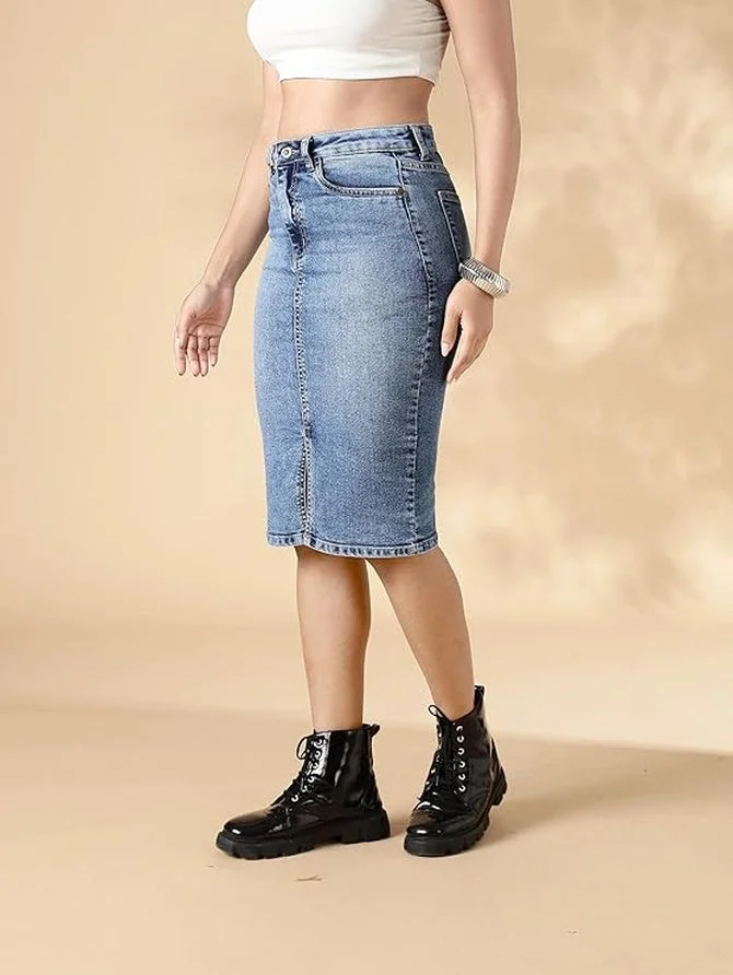 inkd Denim Drama Women's Stretchable Denim Midi Skirt - Denim Skirt for Women | Skirt and Top for Women | Westernwear for Women | Best Price UAE