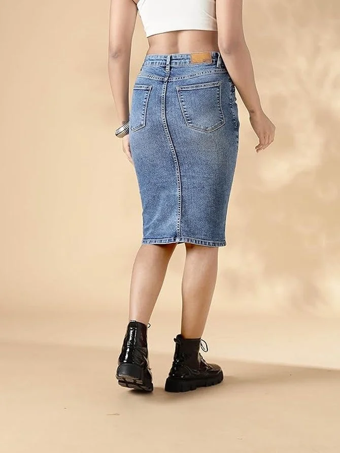 inkd Denim Drama Women's Stretchable Denim Midi Skirt - Denim Skirt for Women | Skirt and Top for Women | Westernwear for Women | Best Price UAE