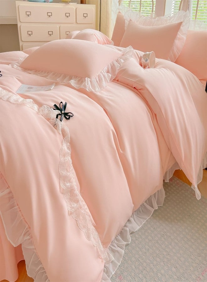 MOOWOO Lace Ruffled Bedding Setwith Cute Bowtie- 3PC(1 Full Duvet Cover 80x90 Inch, 2 Pillowcases) Aesthetic Bedding for Romantic French Wedding - Image 5
