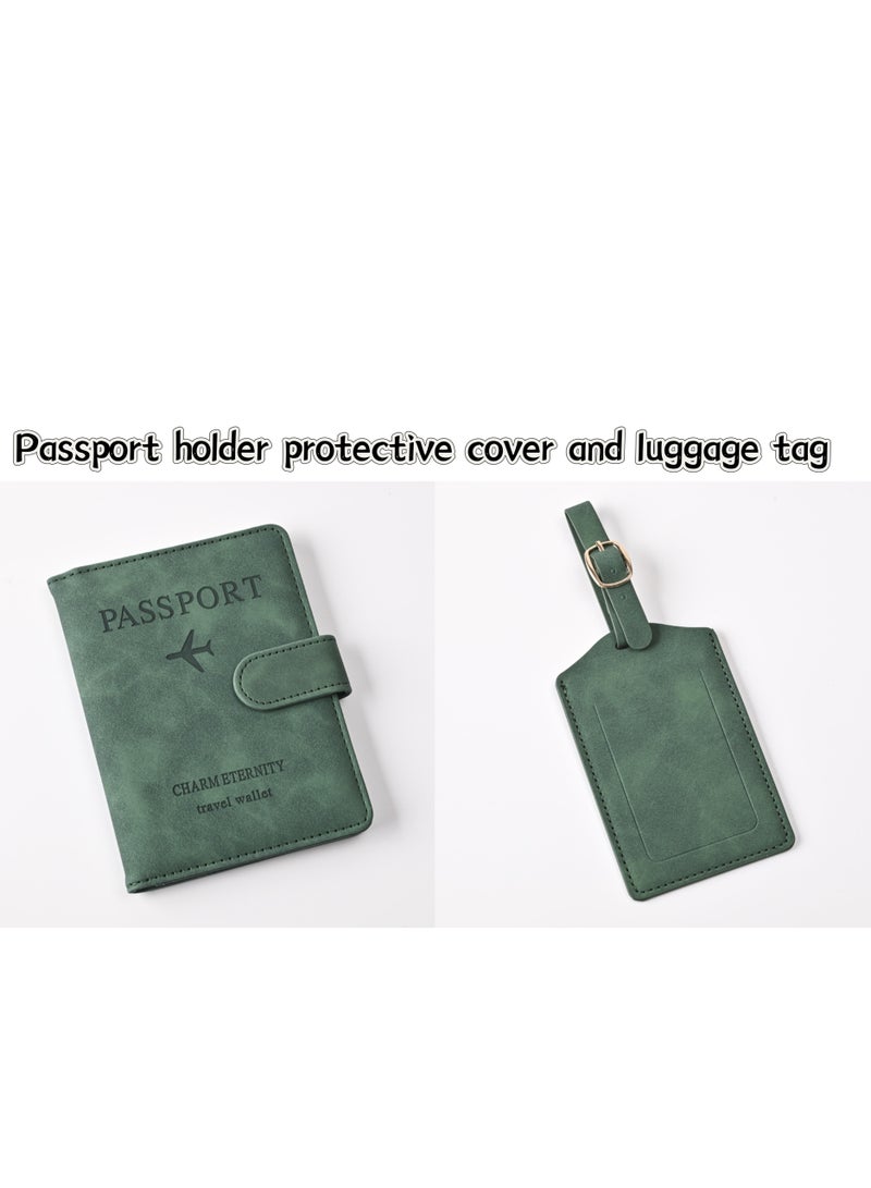 2-piece set of dark green passport cover protective cover and luggage tag, PU leather magnetic buckle passport bag PFID anti magnetic multi card passport book multifunctional passport bag, suitable for male and female travel accessories (dark green) - Image 1