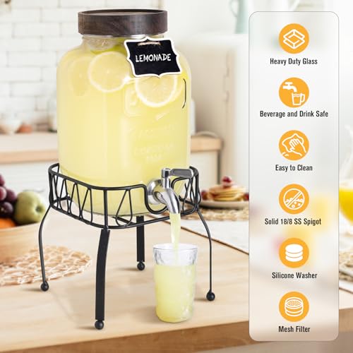 Mustry Glass Drink Dispenser for Parties, 1 Gallon Beverage Dispenser with Stand and Spigot Solid Stainless Steel, Used as Lemonade Dispenser Sun Tea Jar Kombucha Jar - Image 3