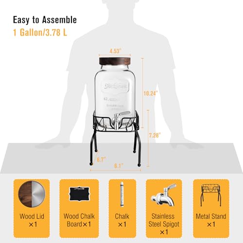 Mustry Glass Drink Dispenser for Parties, 1 Gallon Beverage Dispenser with Stand and Spigot Solid Stainless Steel, Used as Lemonade Dispenser Sun Tea Jar Kombucha Jar - Image 2