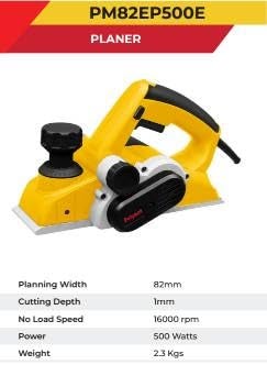 Polymak PM82EP500E Eco Star 82 mm Corded Electric Planer | 500 W Motor | 16000 RPM | Adjustable Depth Wood Planer Machine | 2.3 kg | Door & Floor Trimming, Surface Leveling | 6-Month Warranty | Yellow - Image 2