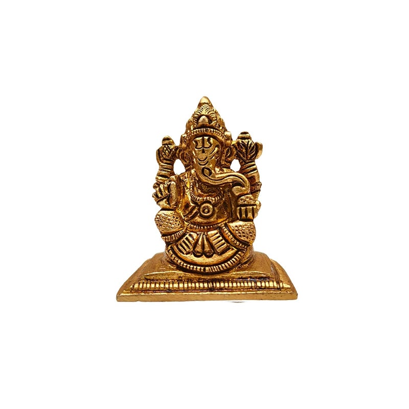 anciently تمثال غانيشا المصنوع من النحاس الأصفر بحجم ميني من أنسيانتلي - تمثال غانيشا للوحة القيادة في السيارة - هدايا غانيش تشاتورثي 4 سم ارتفاع لون ذهبي قطعة واحدة - Image 3