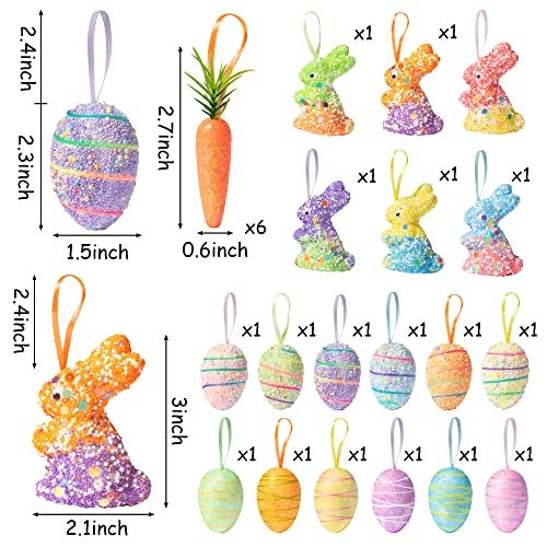 WATINC 24pcs Easter Tree Hanging Ornament Decoration Spring Party Hang Decor with Rope Colorful Foam Egg Carrot Bunny Pendant Glitter Rabbit Craft for Home School Party Game Wall Decorative Supplies - Image 3
