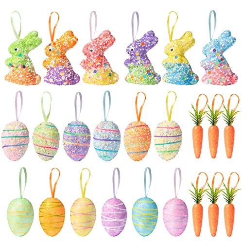 WATINC 24pcs Easter Tree Hanging Ornament Decoration Spring Party Hang Decor with Rope Colorful Foam Egg Carrot Bunny Pendant Glitter Rabbit Craft for Home School Party Game Wall Decorative Supplies - Image 1