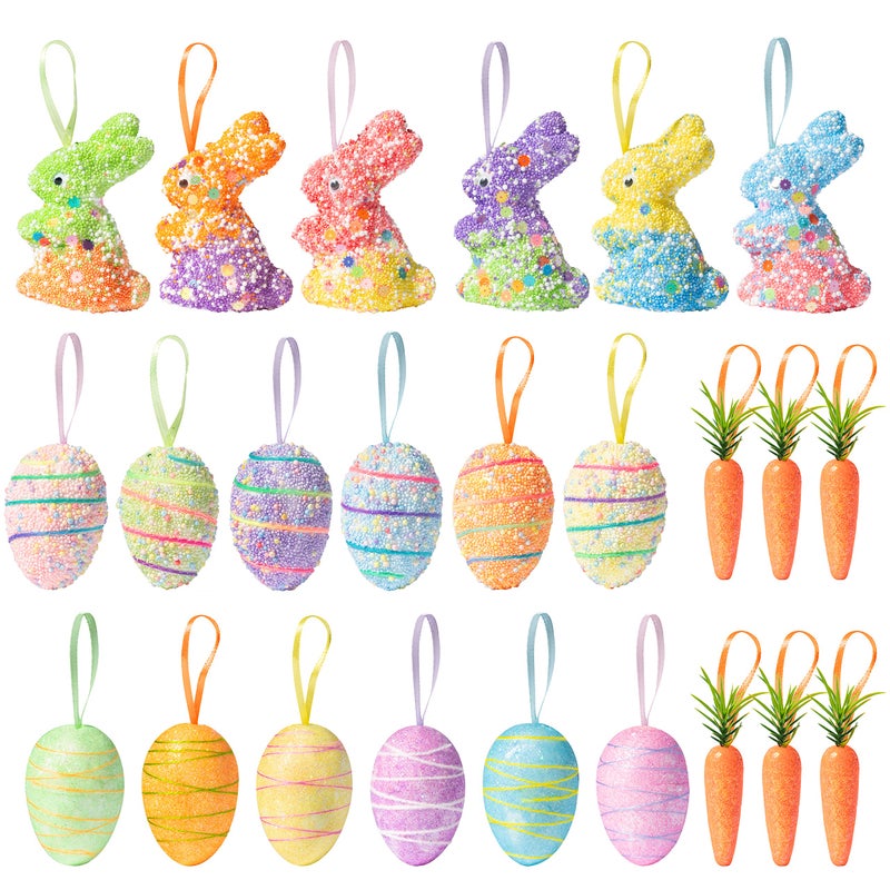 WATINC 24pcs Easter Tree Hanging Ornament Decoration Spring Party Hang Decor with Rope Colorful Foam Egg Carrot Bunny Pendant Glitter Rabbit Craft for Home School Party Game Wall Decorative Supplies - Image 2