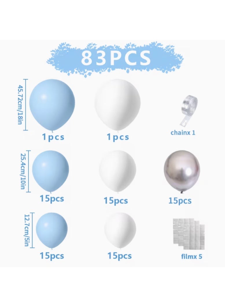 83pcs Light Blue, White & Metallic Silvery Latex Balloons, 12.7/25.4/45.72cm. DIY Vibe Decor for Weddings, Graduations, Birthdays - Image 2